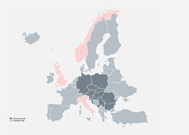 Europakarte mit Markierung von Flächen- und Projektgeschäft in verschiedenen Ländern
