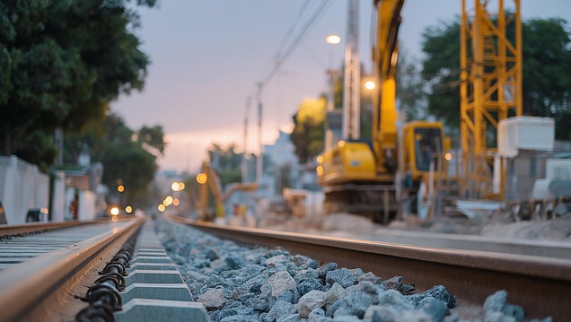 A track layout with a ballast bed and sleepers in the foreground; in the background, construction machinery and cranes are visible at an infrastructure construction site.