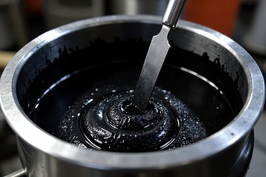 Nahaufnahme von flüssigem Bitumen in einem Metallbehälter, das mit einem Spachtel gerührt wird; die zähflüssige, schwarze Masse zeigt die typische Konsistenz von Bitumen im Einsatz im Straßenbau