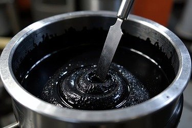Close-up of liquid bitumen in a metal container being stirred with a spatula; the viscous, black mass shows the typical consistency of bitumen used in road construction
