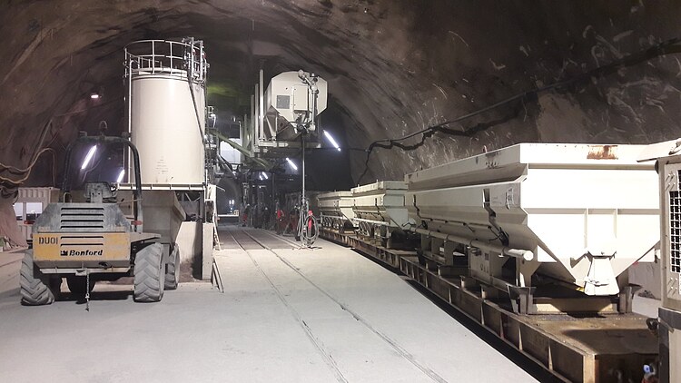 Mobile concrete mixing plant and conveyor technology in the underground area of the Koralm Tunnel Lot KAT2 for the production of shotcrete and concrete for the inner shell of the railway tunnel in Austria